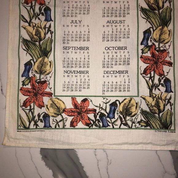 Vintage 1989 Calendar Floral Border Hanging Tea Towel - Picture 3 of 4